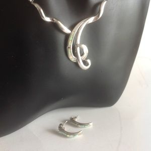 “Sterling Opal Inlay Necklace & Earrings Set, Modernist/ Art Nouveau Inspired